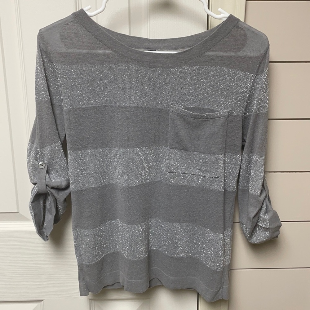 S - Silver Gray - 3/4 Sleeves - Top - Shirt - Shimmer Sparkle - Charlotte Russe